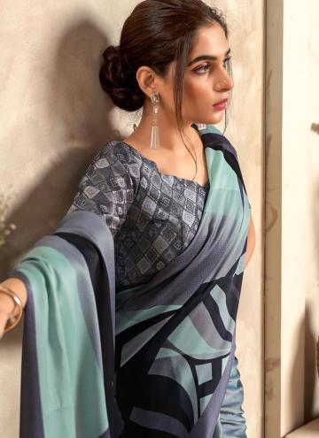 Satin Contemporary Saree in Aqua Blue and Grey Enhanced with Abstract Print