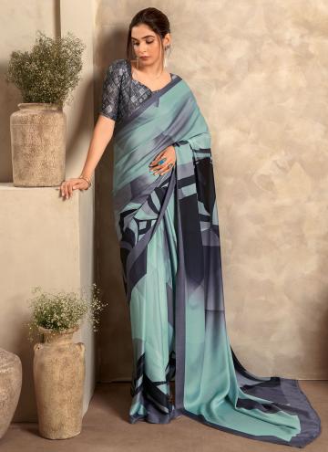 Satin Contemporary Saree in Aqua Blue and Grey Enhanced with Abstract Print