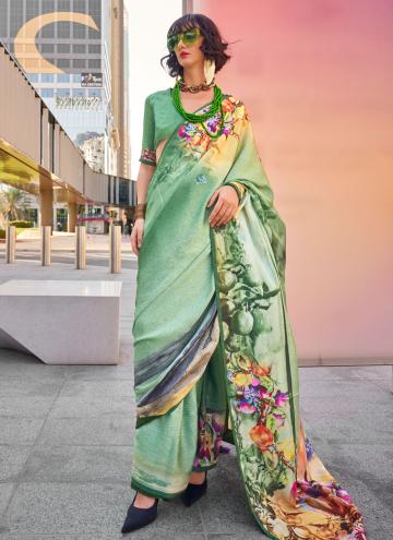 Satin Contemporary Saree in Green Enhanced with Di