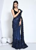 Satin Silk Classic Designer Saree in Blue Enhanced with Embroidered - 2