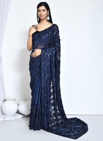 Satin Silk Classic Designer Saree in Blue Enhanced with Embroidered