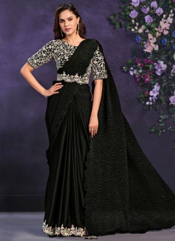 Satin Silk Contemporary Saree in Black Enhanced with Cord