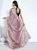 Satin Silk Contemporary Saree in Brown Enhanced with Embroidered - 1