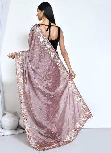 Satin Silk Contemporary Saree in Brown Enhanced with Embroidered