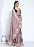 Satin Silk Contemporary Saree in Brown Enhanced with Embroidered - 2