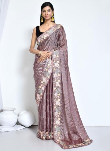 Satin Silk Contemporary Saree in Brown Enhanced with Embroidered