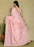 Satin Silk Contemporary Saree in Peach Enhanced with Embroidered - 1