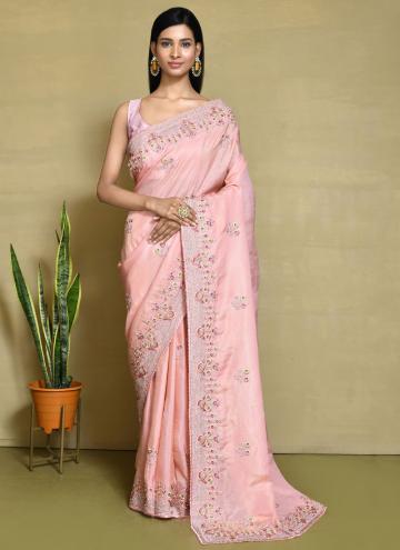 Satin Silk Contemporary Saree in Peach Enhanced with Embroidered