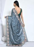 Satin Silk Contemporary Saree in Teal Enhanced with Embroidered - 1