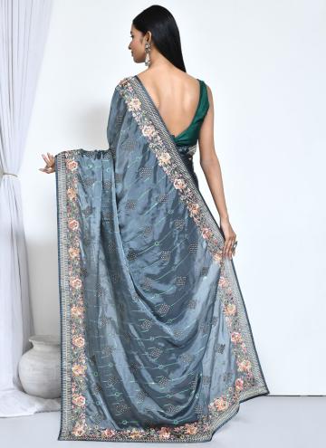 Satin Silk Contemporary Saree in Teal Enhanced with Embroidered