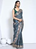 Satin Silk Contemporary Saree in Teal Enhanced with Embroidered - 2