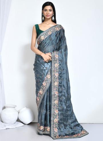 Satin Silk Contemporary Saree in Teal Enhanced with Embroidered