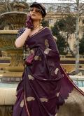 Satin Trendy Saree in Wine Enhanced with Woven - 1