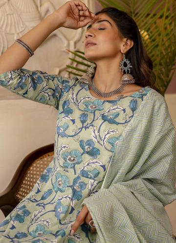 Sea Green Anarkali Salwar Kameez in Cotton  with Floral Print