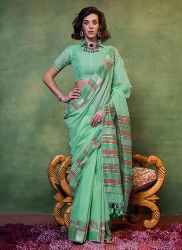 Sea Green Classic Designer Saree in Cotton  with W