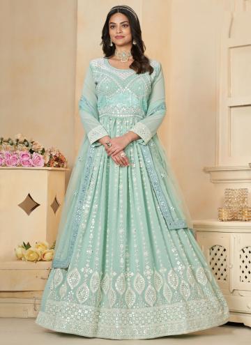 Sea Green color Faux Georgette Gown with Embroider