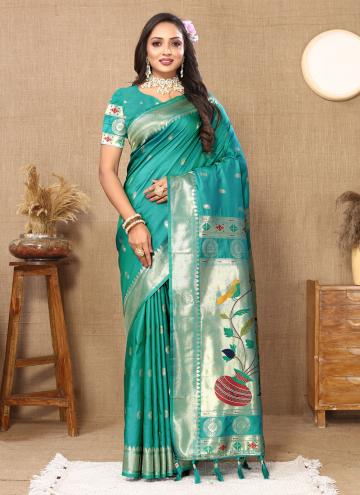 Sea Green color Silk Designer Saree with Woven
