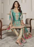 Sea Green Salwar Suit in Chinon with Embroidered - 1