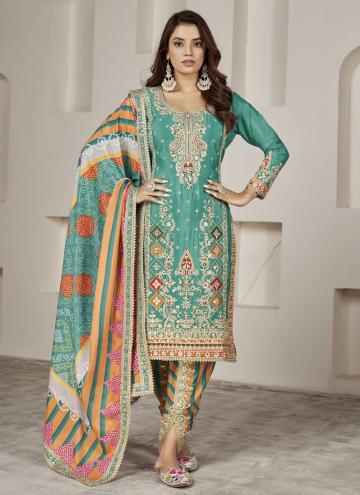 Sea Green Salwar Suit in Chinon with Embroidered