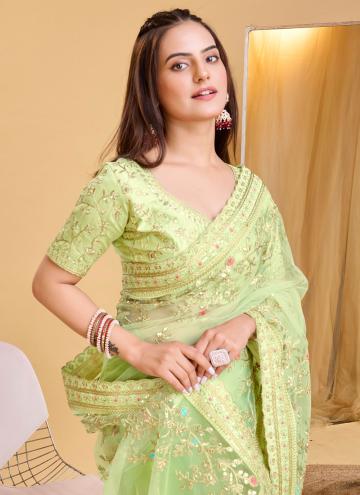 Sea Green Silk Embroidered Contemporary Saree for 