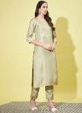 Silk Blend Salwar Suit in Green Enhanced with Embroidered - 3