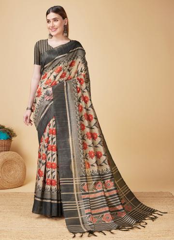Silk Casual Saree in Cream Enhanced with Printed