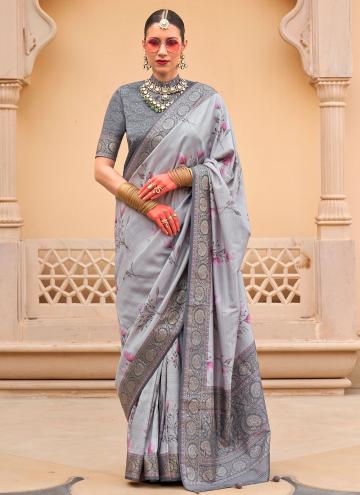 Silk Contemporary Saree in Grey Enhanced with Floral Print