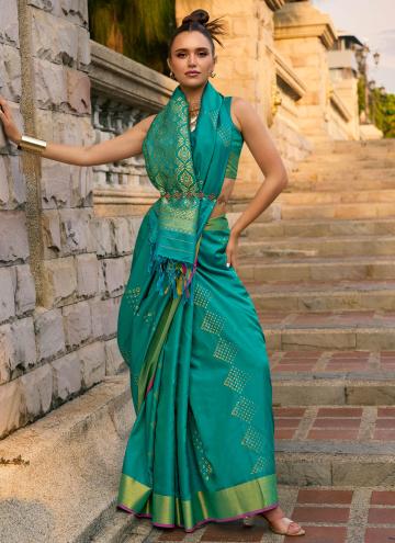 Silk Contemporary Saree in Rama Enhanced with Woven