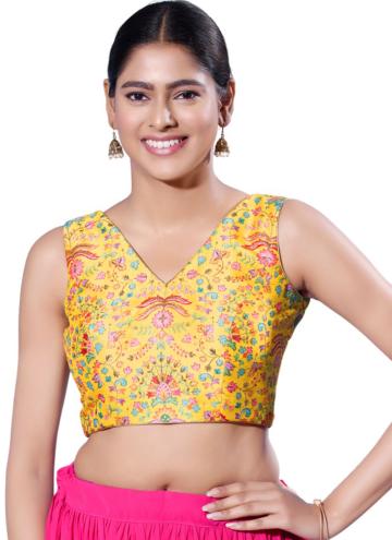 Silk Designer Blouse in Yellow Enhanced with Print