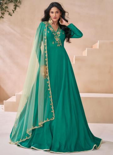Silk Designer Gown in Green Enhanced with Embroidered