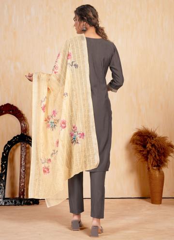 Silk Designer Salwar Kameez in Grey Enhanced with Embroidered