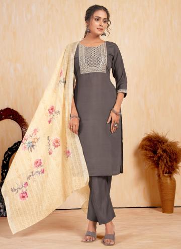 Silk Designer Salwar Kameez in Grey Enhanced with Embroidered