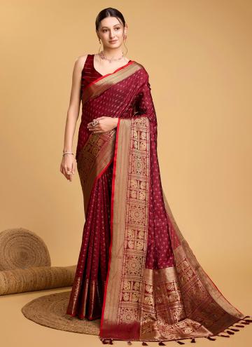 Silk Designer Saree in Maroon Enhanced with Jacqua