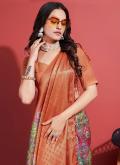 Silk Designer Saree in Orange Enhanced with Digital Print - 1