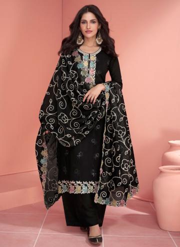 Silk Pakistani Suit in Black Enhanced with Embroid