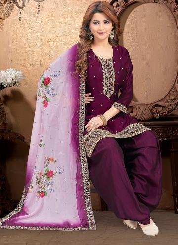 Silk Salwar Suit in Wine Enhanced with Embroidered