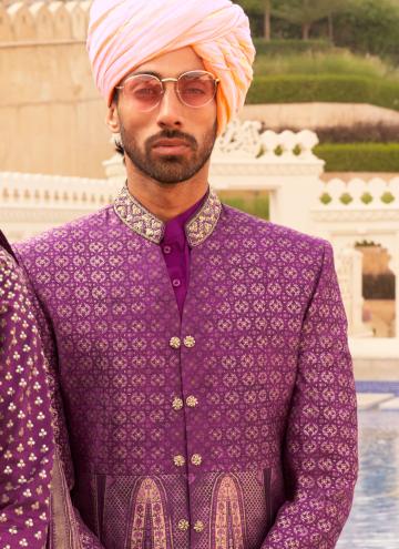 Silk Sherwani in Multi Colour and Purple Enhanced with Foil Print