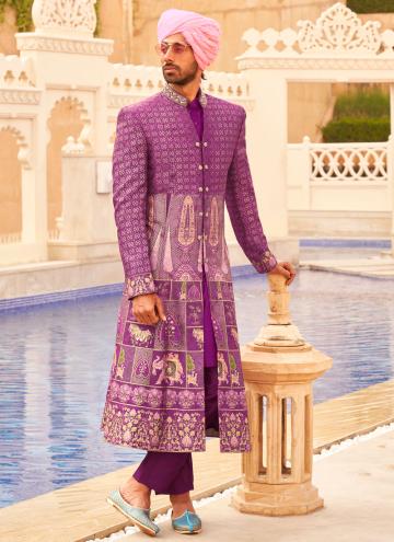 Silk Sherwani in Multi Colour and Purple Enhanced with Foil Print