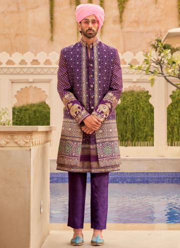 Silk Sherwani in Multi Colour and Purple Enhanced 