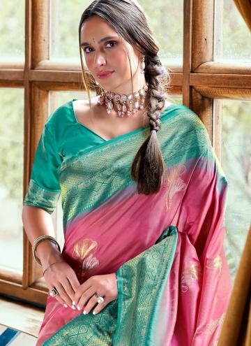 Silk Traditional Saree in Pink and Turquoise Enhanced with Border
