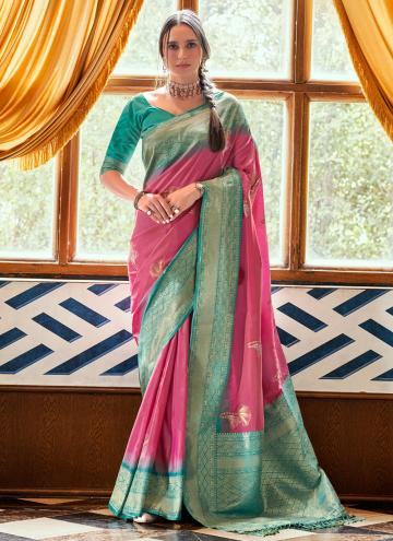 Silk Traditional Saree in Pink and Turquoise Enhanced with Border
