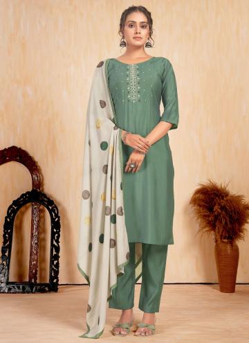 Silk Trendy Salwar Suit in Green Enhanced with Emb