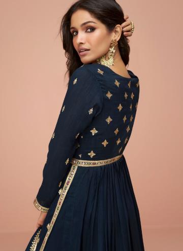 Silk Trendy Salwar Suit in Navy Blue Enhanced with Embroidered