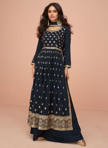Silk Trendy Salwar Suit in Navy Blue Enhanced with Embroidered