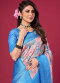 Silk Trendy Saree in Blue Enhanced with Digital Print - 1