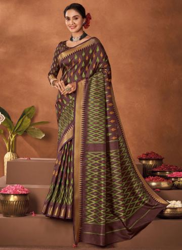 Silk Trendy Saree in Brown Enhanced with Printed