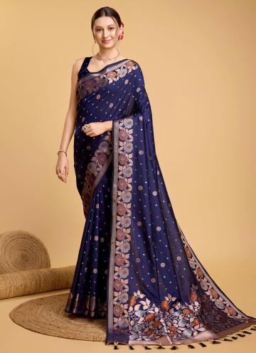 Silk Trendy Saree in Navy Blue Enhanced with Jacqu