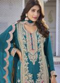 Teal Chinon Embroidered Trendy Salwar Kameez for Engagement - 1