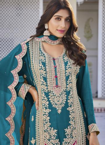 Teal Chinon Embroidered Trendy Salwar Kameez for Engagement