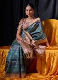 Teal color Printed Tussar Silk Classic Designer Saree - 2